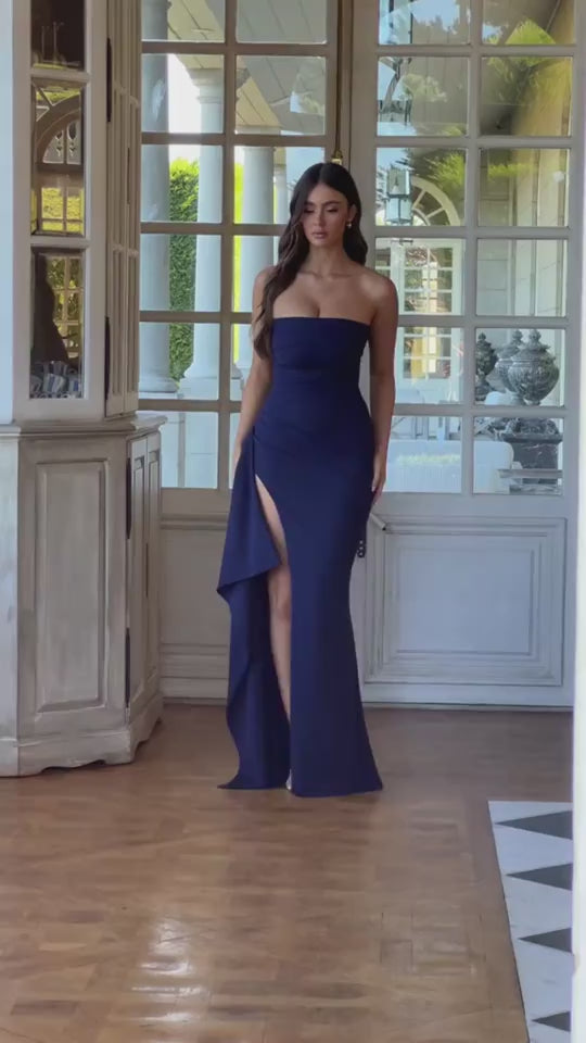 Women’s Strapless Split Long Dress – Summer Pleated Bridesmaid & Party Dress.