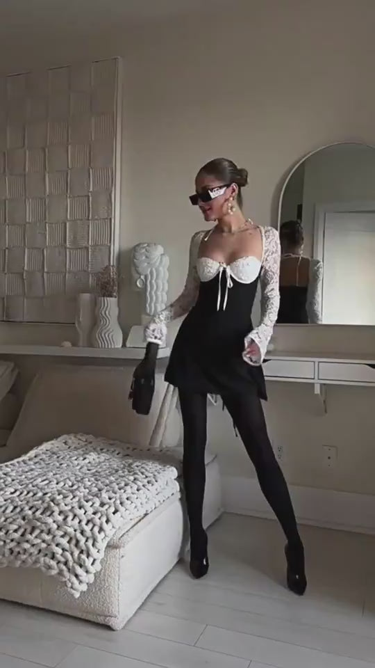 Y2K Lace Long Sleeve Dress – Sexy Corset Backless Lace-Up Short Dress for Women.