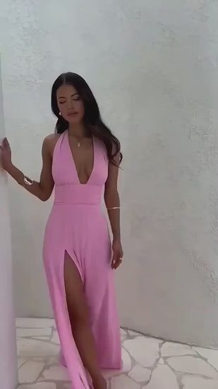 Sexy Halterneck V-Neck Slit Dress – Summer Backless Party Dress.