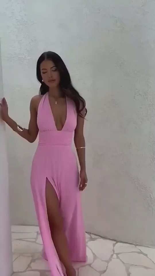 Sexy Halterneck V-Neck Slit Dress – Summer Backless Party Dress.